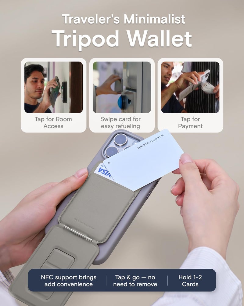 MOFT حامل ثلاثي القوائم MOFT للهاتف مع محفظة لهاتف iPhone، زوايا متعددة، حامل هاتف خفيف الوزن ومحمول، محفظة MOVAS من الجلد النباتي مع مغناطيس، مغناطيسات قوية، حامل بطاقة NFC، ضروري للسفر، تاوب (مع فتحة للبطاقة) - Image 4