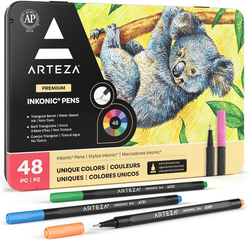 آرتيزا مجموعة أقلام Inkonic Fineliner، مجموعة من 48، أقلام دقيقة بألوان متنوعة، رؤوس 0.4 مم، مائية، غير سامة، أقلام فنية للرسم والتخطيط والكتابة اليومية والخط، مستلزمات فنية - Image 1