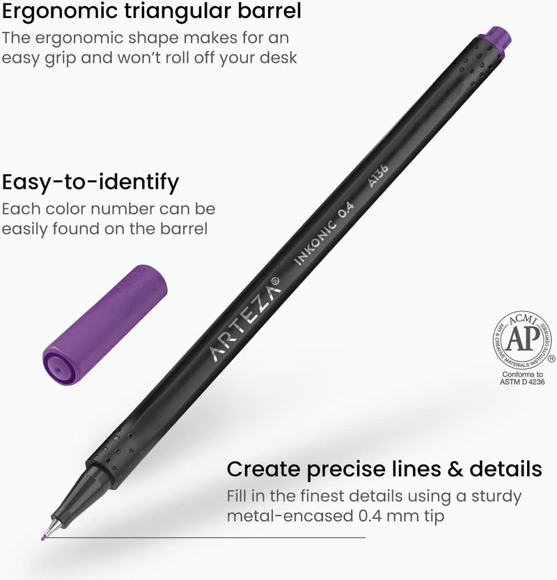 آرتيزا مجموعة أقلام Inkonic Fineliner، مجموعة من 48، أقلام دقيقة بألوان متنوعة، رؤوس 0.4 مم، مائية، غير سامة، أقلام فنية للرسم والتخطيط والكتابة اليومية والخط، مستلزمات فنية - Image 3