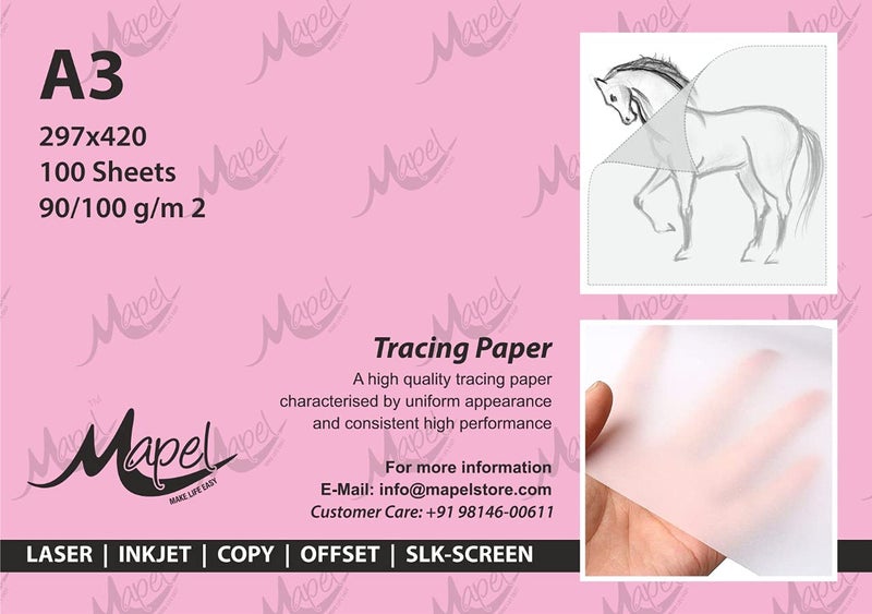 MAPEL ورق تتبع MAPEL بحجم A3 90 GSM (100 ورقة) مثالي للقلم الرصاص، الأقلام، الرسم، الطباعة - Image 1