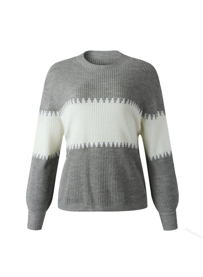 European And American Women's Clothing Hot Elegant Casual Contrasting Color Round Neck over Knitwear Women's Lantern Sleeve Knitwear