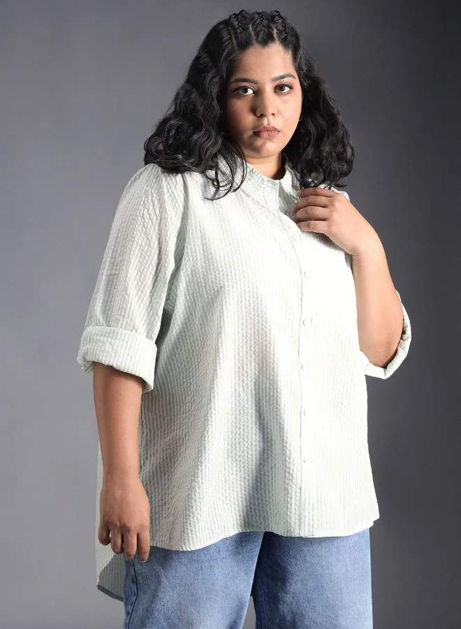 HIGH STAR Women's Multicolour 100% Cotton Striped Button Down Oversized Shirt