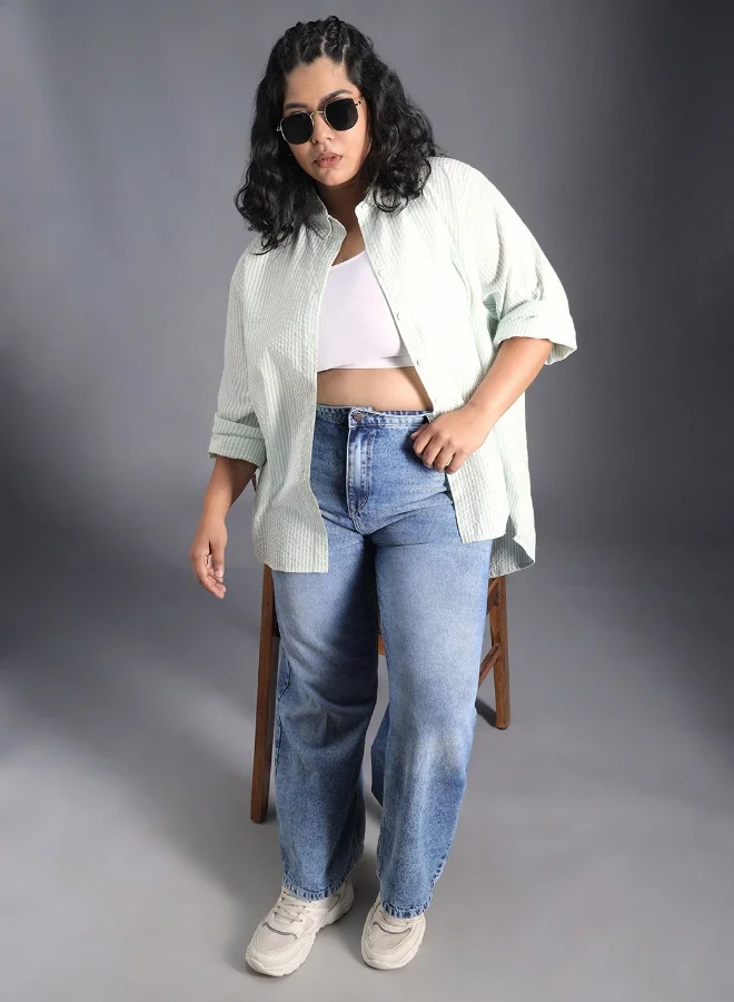 HIGH STAR Women's Multicolour 100% Cotton Striped Button Down Oversized Shirt