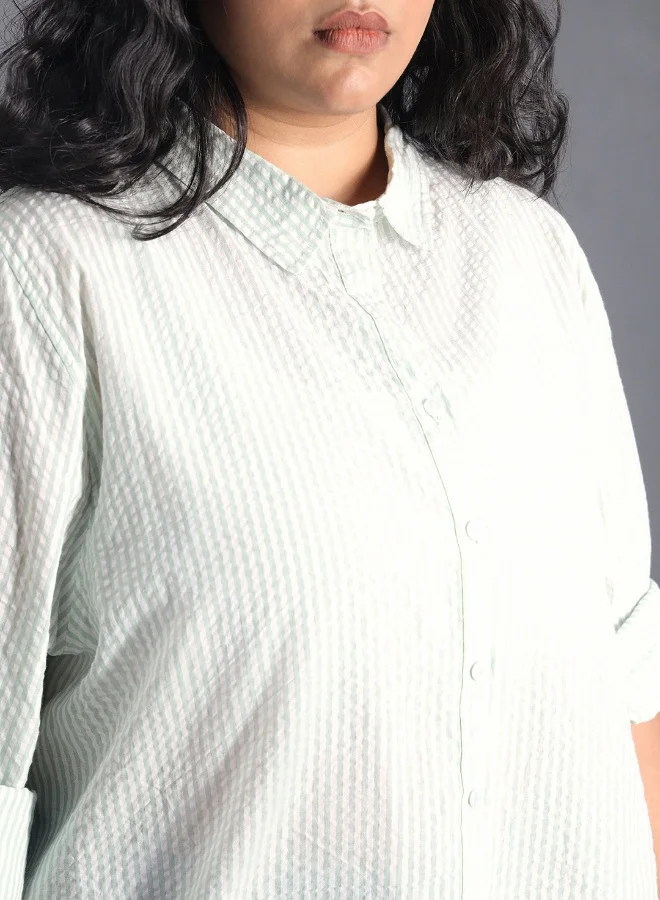 HIGH STAR Women's Multicolour 100% Cotton Striped Button Down Oversized Shirt