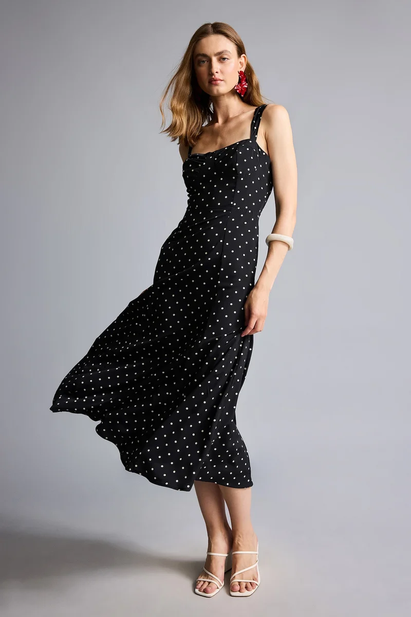Defacto  Heart Collar Polka Dot Crepe Midi Dress for Women | Best Price UAE