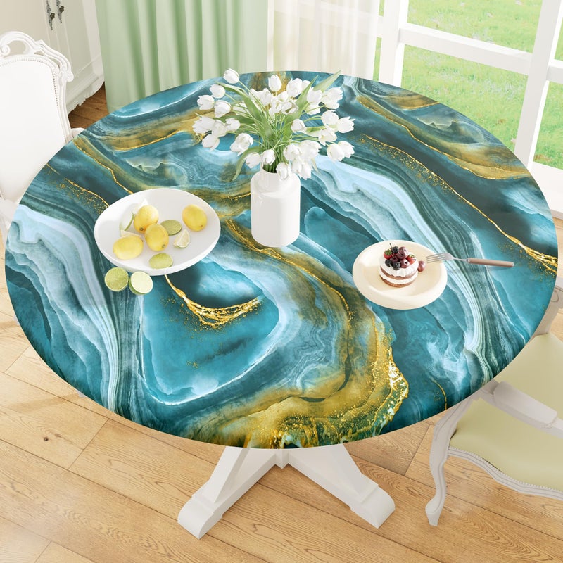 misaya Round Fitted Tablecloth with Elastic Edge, 100% Waterproof Oil Proof Plastic Table Cover, Vinyl Flannel Backed Tablecloth Fits 36"-44" Round Tables for Dinner, Outdoor, Picnic, Ripples - Image 1