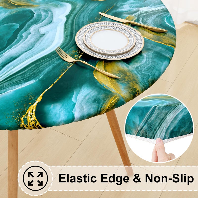 misaya Round Fitted Tablecloth with Elastic Edge, 100% Waterproof Oil Proof Plastic Table Cover, Vinyl Flannel Backed Tablecloth Fits 36"-44" Round Tables for Dinner, Outdoor, Picnic, Ripples - Image 2