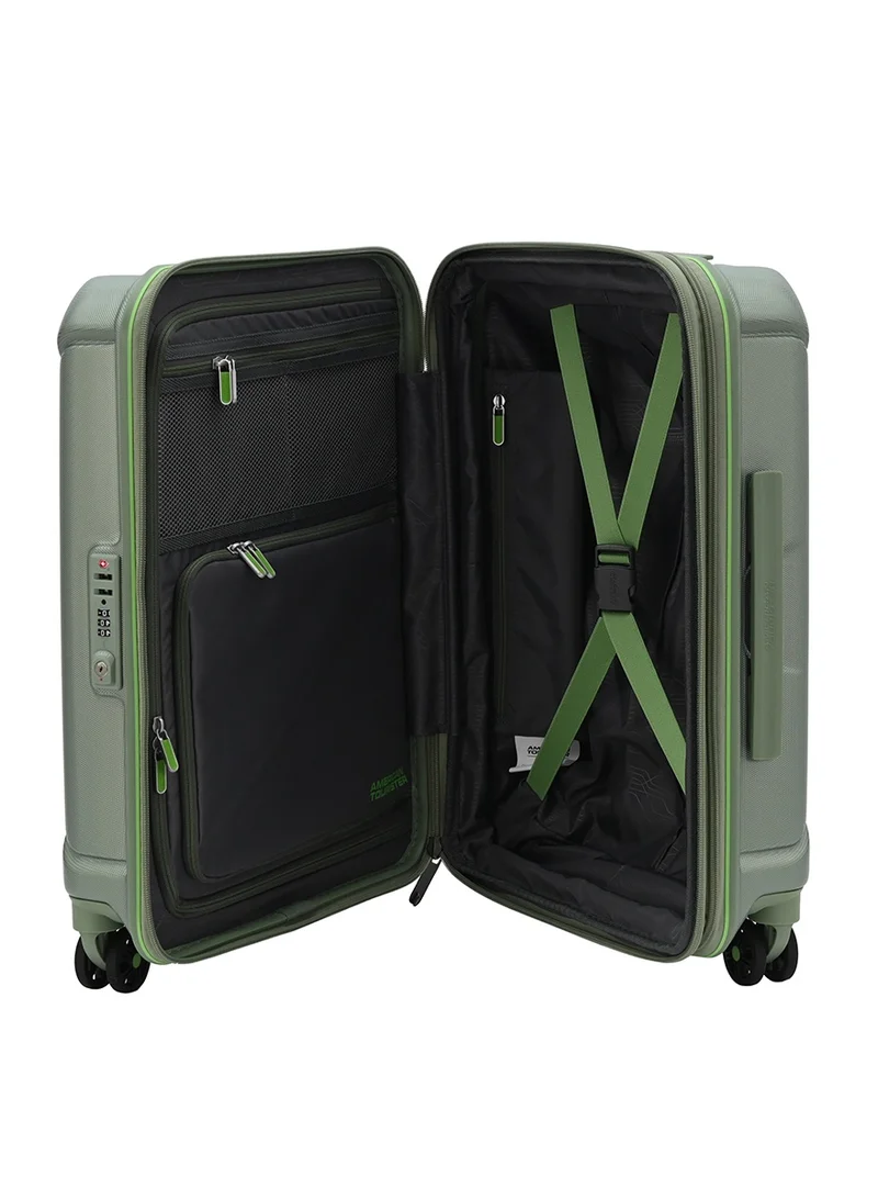 American Tourister Technum Suitcase, Cabin Size 55 cm / 20 inch, 4 Spinner Wheels, Hard Top, Polycarbonate, Urban Green|DuoSaf™ Security Zipper|Dual Tube Pull Handle|Expandable|TSA Lock - 3 Years International Warranty