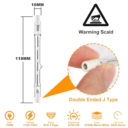 Jaenmsa R7S 150W Halogen Light Bulbs 118mm, 150 Watt J Type T3 Bulbs 120V, 4.6 Inch R7S Halogen Work Light Bulb with Double Ended Light Bulbs for Work, Security, Landscape Lights, Dimmable,5 Pack - Image 2