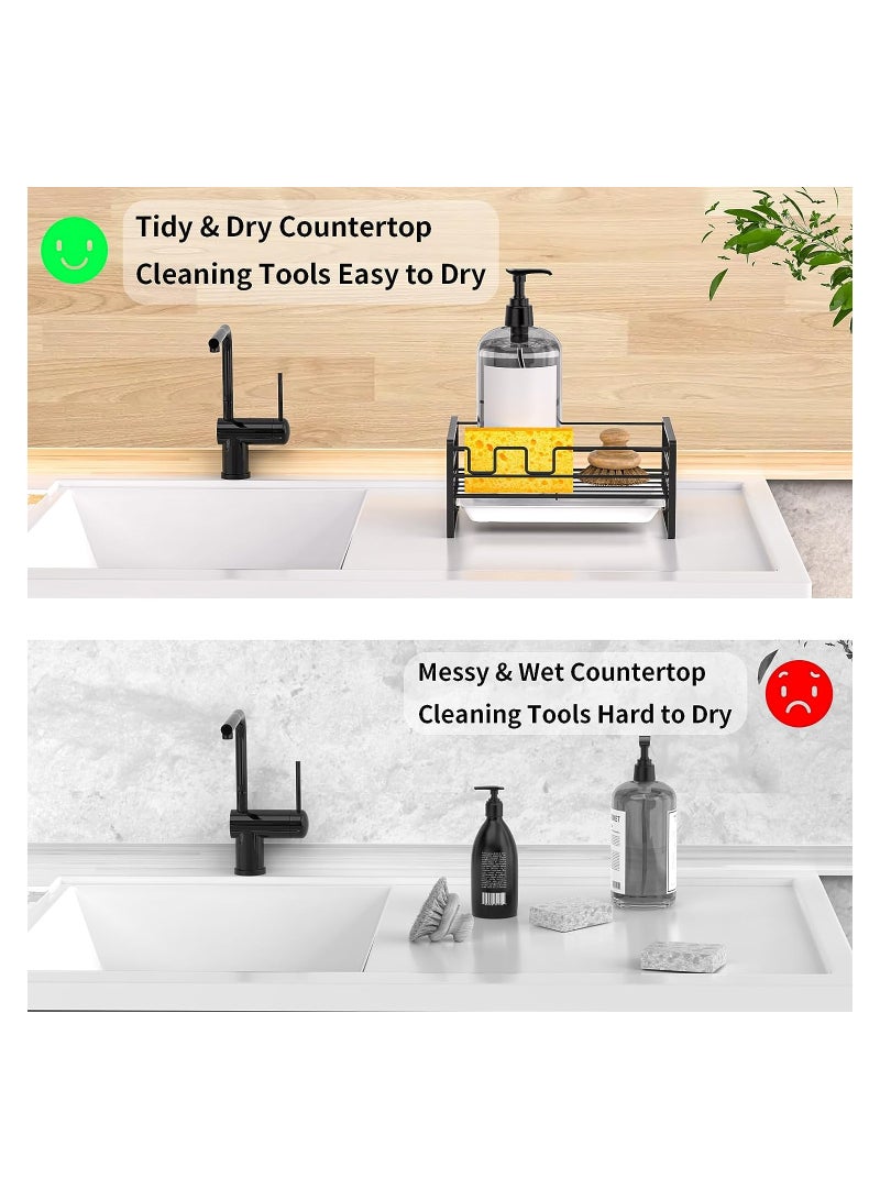 KASTWAVE Stainless Steel Sponge Holder for Kitchen Sink, Black Kitchen Bathroom Sink Organizer with Removable Drain Tray, Sink Tray Drainer Rack for Soap & Brush Organizer Storage - Image 3