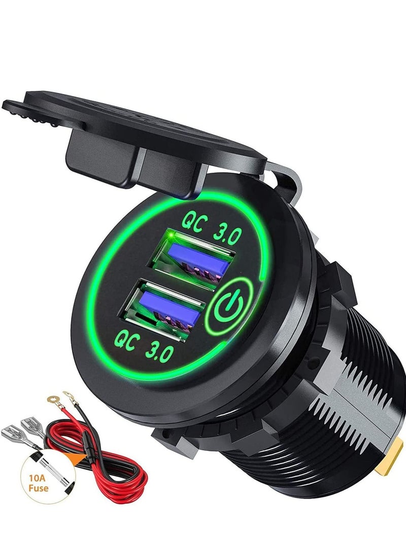 SYOSI Car Charger Socket, Quick Charge 4.0 PD Type C and 3.0 USB, 12V/24V Outlet Power Waterproof with Dual Ports for Marine Boat Motorcycle Golf (green) - Image 1