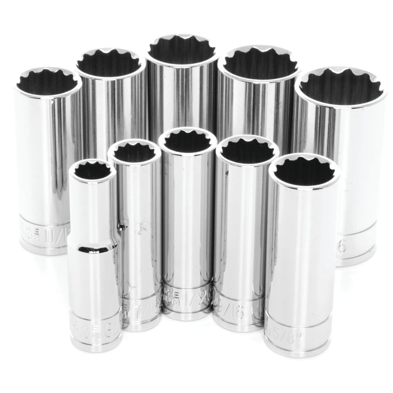 Performance Tool PERFORMANCE TOOL W38600 3/8" Dr 12pt SAE DW Deep Socket Tool Set for Garages and Workshops, Chrome, 10 pieces  - Image 1