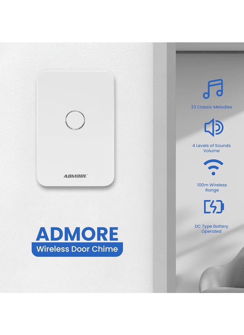 ADMORE - Admore Wireless Doorbell, Waterproof Door Bell With 33 Classic Melodies Waterproof Battery Operated Cordless Doorbell Operating at 100M Long Range 4 Volume Levels 1 Push Button & 1 Receiver for Home - Image 1