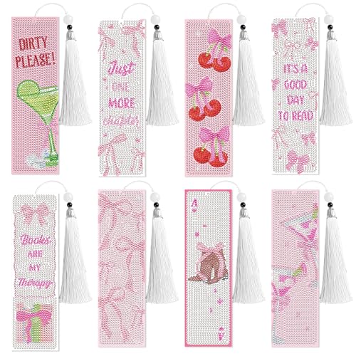 CRASHOT 8 Pcs Bow Diamond Art Bookmarks Kit with Tassels, Cute Pink Diamond Painting Bookmarks for Women Book Lovers, DIY Bookmark Making Kit for Adults Beginners Aesthetic Crafts - Image 1