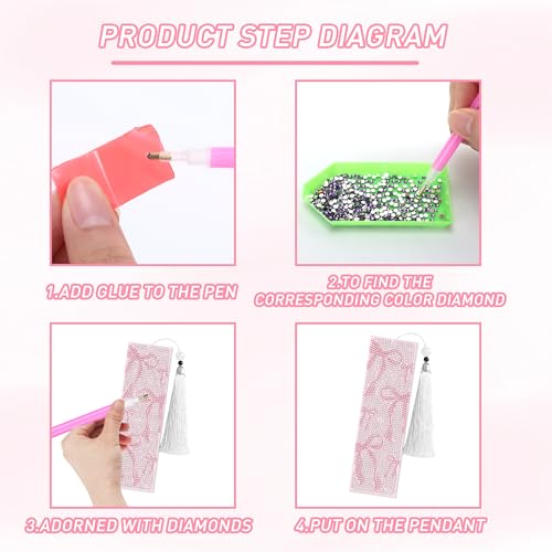 CRASHOT 8 Pcs Bow Diamond Art Bookmarks Kit with Tassels, Cute Pink Diamond Painting Bookmarks for Women Book Lovers, DIY Bookmark Making Kit for Adults Beginners Aesthetic Crafts - Image 5
