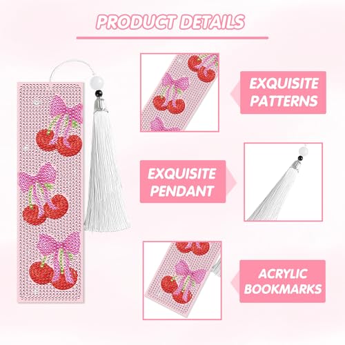 CRASHOT 8 Pcs Bow Diamond Art Bookmarks Kit with Tassels, Cute Pink Diamond Painting Bookmarks for Women Book Lovers, DIY Bookmark Making Kit for Adults Beginners Aesthetic Crafts - Image 4