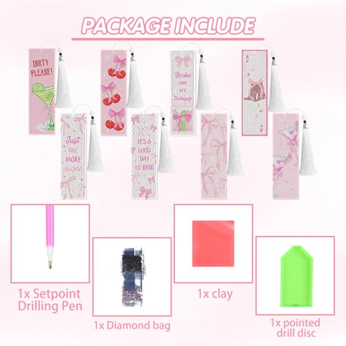 CRASHOT 8 Pcs Bow Diamond Art Bookmarks Kit with Tassels, Cute Pink Diamond Painting Bookmarks for Women Book Lovers, DIY Bookmark Making Kit for Adults Beginners Aesthetic Crafts - Image 2