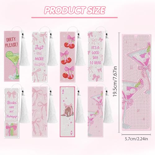 CRASHOT 8 Pcs Bow Diamond Art Bookmarks Kit with Tassels, Cute Pink Diamond Painting Bookmarks for Women Book Lovers, DIY Bookmark Making Kit for Adults Beginners Aesthetic Crafts - Image 3