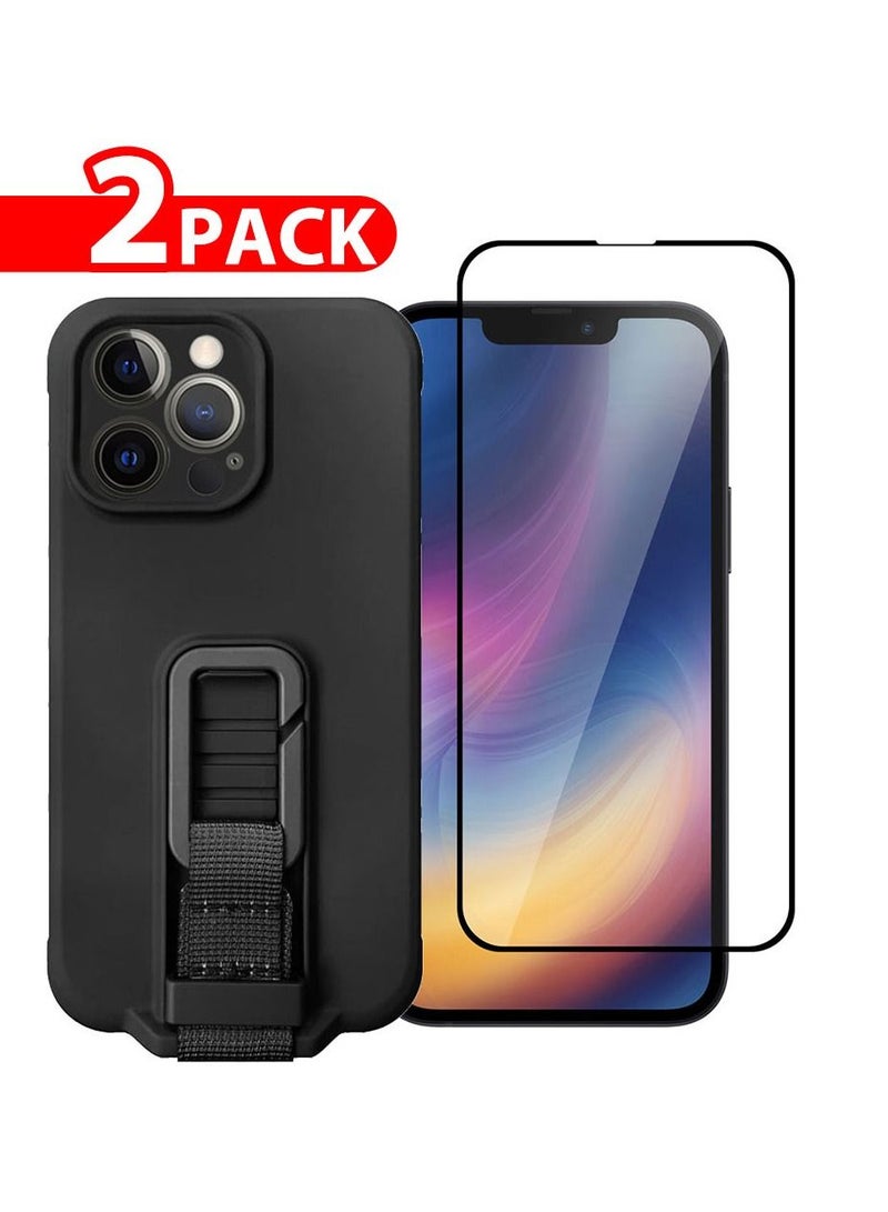 CATANES 2 Pack For iPhone 13 Pro Case Cover And Screen Protector With Strap And Adjustable Grip Case Black - Image 1