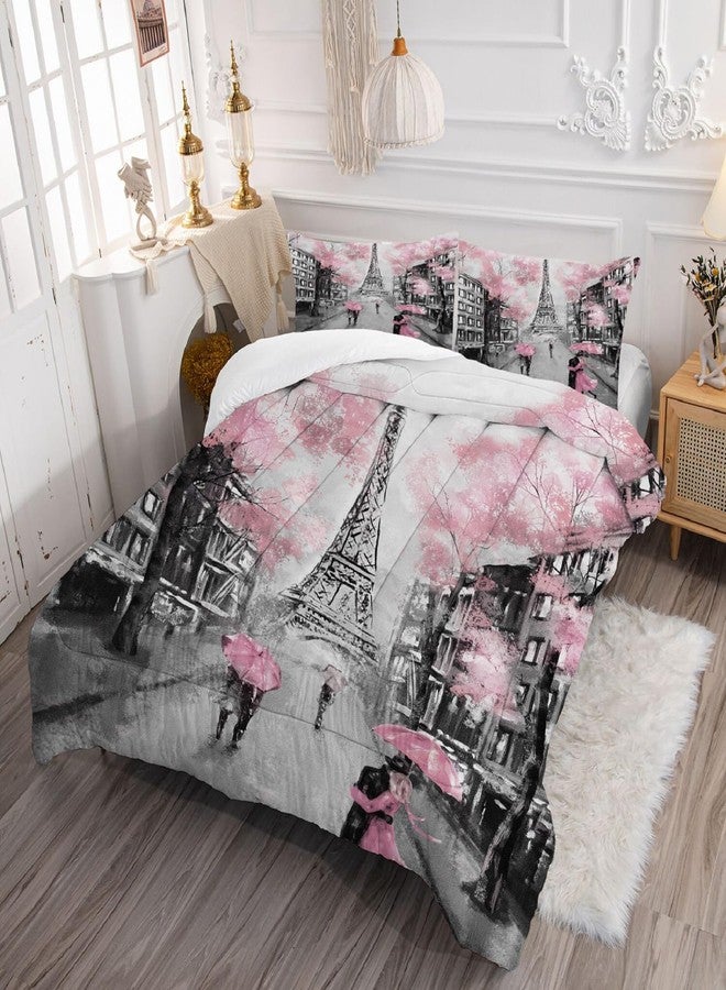 kxry Pink Paris Eiffel Tower Comforter Set Twin Size French Style Couple Lover Flower Bedding Sets for Girls Women Kids Quilted Duvet 1 Comforter + 1 Pillow Case - Image 4