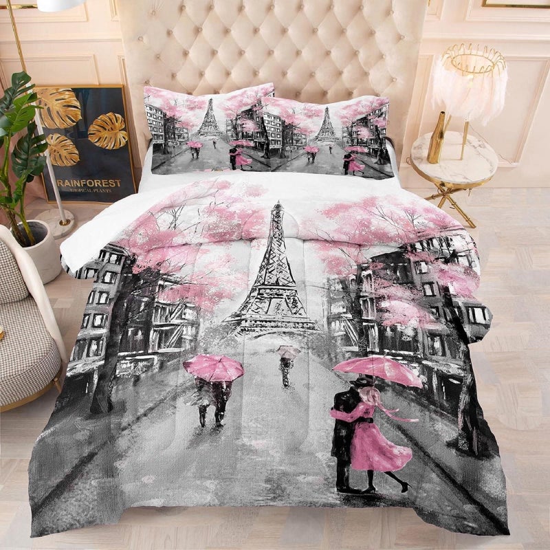 kxry Pink Paris Eiffel Tower Comforter Set Twin Size French Style Couple Lover Flower Bedding Sets for Girls Women Kids Quilted Duvet 1 Comforter + 1 Pillow Case - Image 1