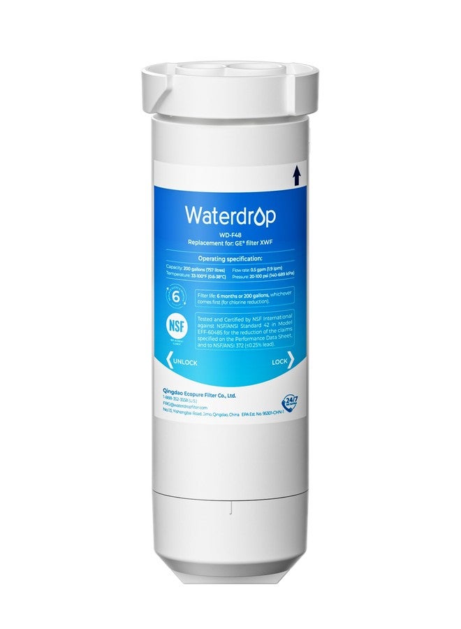ووتر دروب فلتر مياه بديل معتمد من مؤسسة NSF لثلاجة GE XWF (WR17X30702) من Waterdrop، متوافق مع الموديلات التي تبدأ بـ GDE25 وGFE26 وGNE25 وGNE27 وGYE18. عبوة من قطعة واحدة (قد يختلف شكل العبوة). - Image 1
