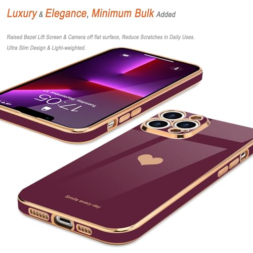 Teageo for iPhone 13 Pro Case for Women Girl Cute Love-Heart Luxury Bling Plating Soft Back Cover Raised Full Camera Protection Bumper Silicone Shockproof Phone Case for iPhone 13 Pro, Wine red - Image 4