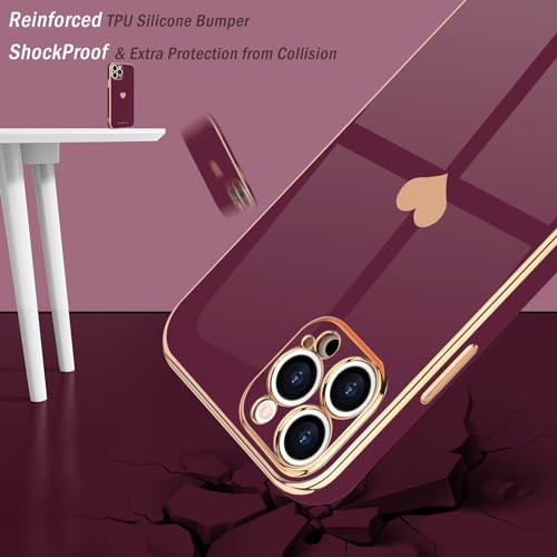 Teageo for iPhone 13 Pro Case for Women Girl Cute Love-Heart Luxury Bling Plating Soft Back Cover Raised Full Camera Protection Bumper Silicone Shockproof Phone Case for iPhone 13 Pro, Wine red - Image 5