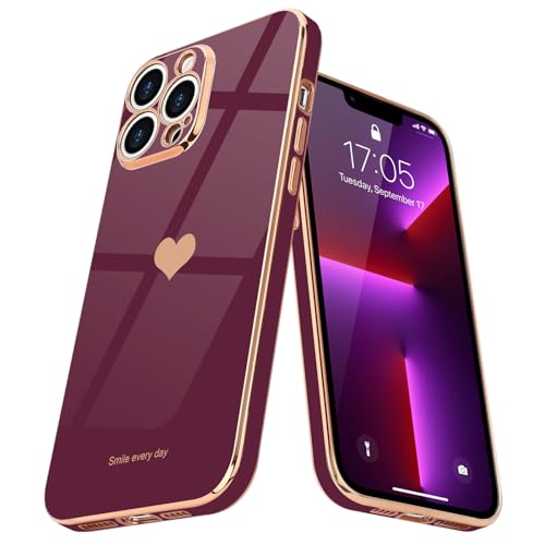 Teageo for iPhone 13 Pro Case for Women Girl Cute Love-Heart Luxury Bling Plating Soft Back Cover Raised Full Camera Protection Bumper Silicone Shockproof Phone Case for iPhone 13 Pro, Wine red - Image 2