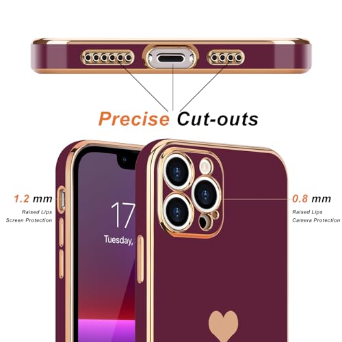 Teageo for iPhone 13 Pro Case for Women Girl Cute Love-Heart Luxury Bling Plating Soft Back Cover Raised Full Camera Protection Bumper Silicone Shockproof Phone Case for iPhone 13 Pro, Wine red - Image 3
