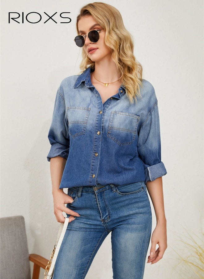 ريوكس جاكيت جينز نسائي متدرج اللون، قميص جينز غير رسمي باللون الأزرق الفاتح إلى الداكن، قمصان جينز بأكمام طويلة وأزرار تتميز بياقة بولو وجيب، قصة مريحة عادية، ملابس ربيعية وخريفية بأكمام قابلة للطي، للارتداء اليومي، التنقل، العطلات، المواعيد الغرامية - Image 5