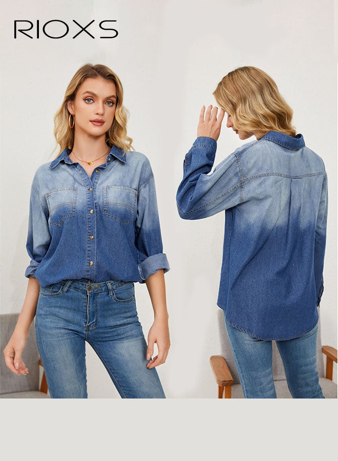 ريوكس جاكيت جينز نسائي متدرج اللون، قميص جينز غير رسمي باللون الأزرق الفاتح إلى الداكن، قمصان جينز بأكمام طويلة وأزرار تتميز بياقة بولو وجيب، قصة مريحة عادية، ملابس ربيعية وخريفية بأكمام قابلة للطي، للارتداء اليومي، التنقل، العطلات، المواعيد الغرامية - Image 3