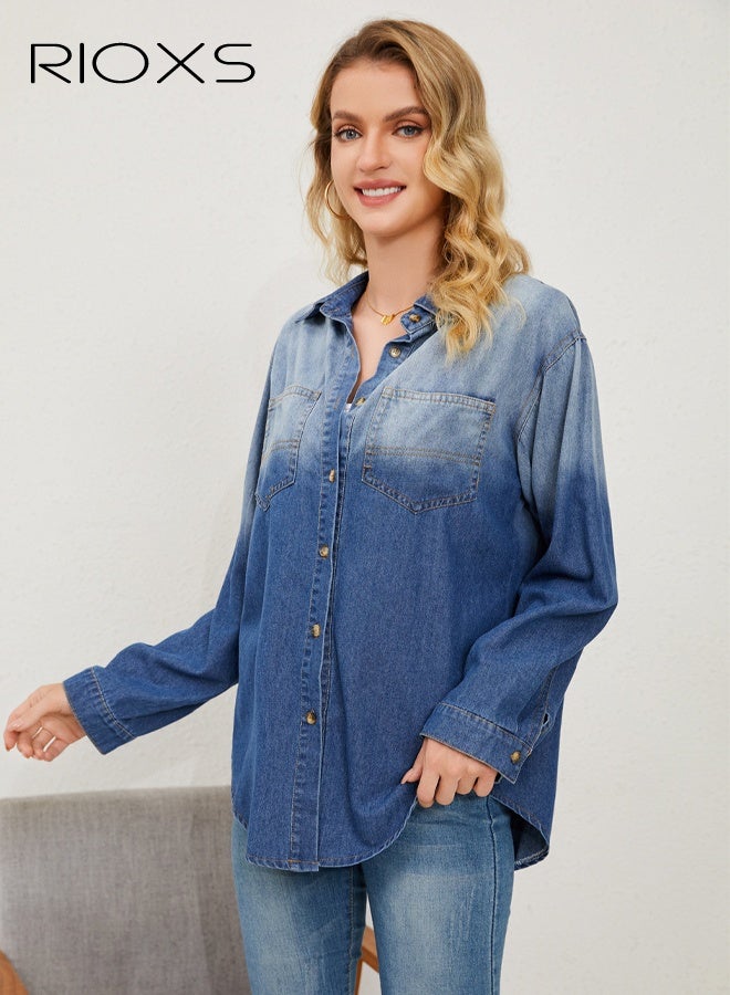 ريوكس جاكيت جينز نسائي متدرج اللون، قميص جينز غير رسمي باللون الأزرق الفاتح إلى الداكن، قمصان جينز بأكمام طويلة وأزرار تتميز بياقة بولو وجيب، قصة مريحة عادية، ملابس ربيعية وخريفية بأكمام قابلة للطي، للارتداء اليومي، التنقل، العطلات، المواعيد الغرامية - Image 4