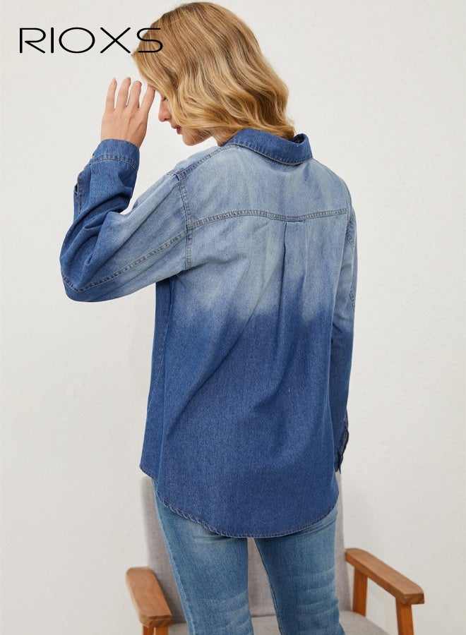 ريوكس جاكيت جينز نسائي متدرج اللون، قميص جينز غير رسمي باللون الأزرق الفاتح إلى الداكن، قمصان جينز بأكمام طويلة وأزرار تتميز بياقة بولو وجيب، قصة مريحة عادية، ملابس ربيعية وخريفية بأكمام قابلة للطي، للارتداء اليومي، التنقل، العطلات، المواعيد الغرامية - Image 2