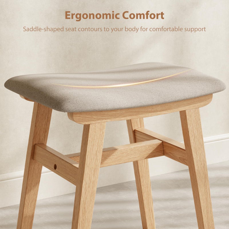 Muwuele Solid Wood Vanity Stool, Compact Makeup Chair with Saddle Cushion, Linen-Covered High Rebound Sponge Seat, Easy Assembly Footstool for Bedroom, Entryway, Home, Natural - Image 5