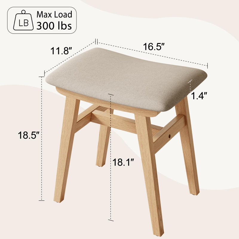 Muwuele Solid Wood Vanity Stool, Compact Makeup Chair with Saddle Cushion, Linen-Covered High Rebound Sponge Seat, Easy Assembly Footstool for Bedroom, Entryway, Home, Natural - Image 2