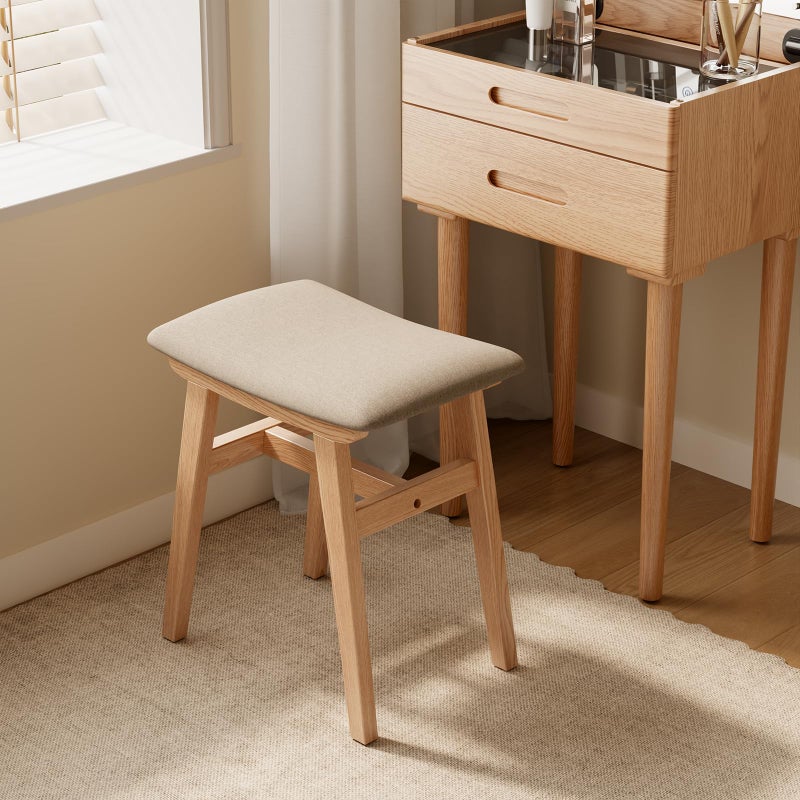 Muwuele Solid Wood Vanity Stool, Compact Makeup Chair with Saddle Cushion, Linen-Covered High Rebound Sponge Seat, Easy Assembly Footstool for Bedroom, Entryway, Home, Natural - Image 3