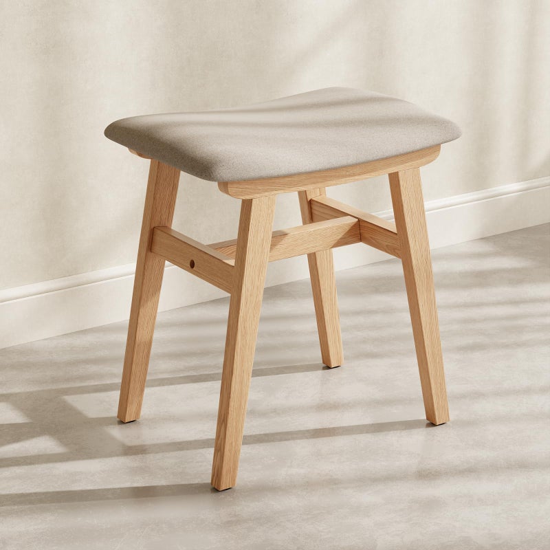 Muwuele Solid Wood Vanity Stool, Compact Makeup Chair with Saddle Cushion, Linen-Covered High Rebound Sponge Seat, Easy Assembly Footstool for Bedroom, Entryway, Home, Natural - Image 1