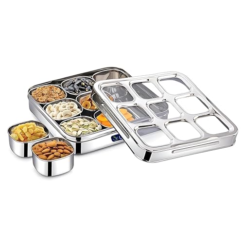 WIAA Stainless Steel Dry Fruit Box with 9 Removable Compartments Square Masala Dabba Spice Organizer Airtight Transparent Lid Heavy Gauge Kitchen Storage for Dry Fruits Spices Herbs Seeds - Image 1