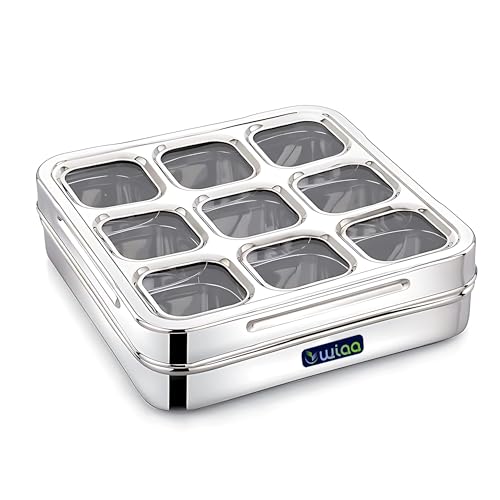 WIAA Stainless Steel Dry Fruit Box with 9 Removable Compartments Square Masala Dabba Spice Organizer Airtight Transparent Lid Heavy Gauge Kitchen Storage for Dry Fruits Spices Herbs Seeds - Image 2