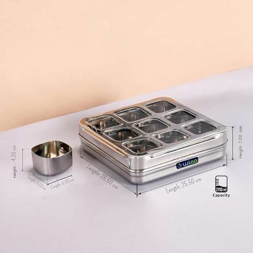 WIAA Stainless Steel Dry Fruit Box with 9 Removable Compartments Square Masala Dabba Spice Organizer Airtight Transparent Lid Heavy Gauge Kitchen Storage for Dry Fruits Spices Herbs Seeds - Image 5