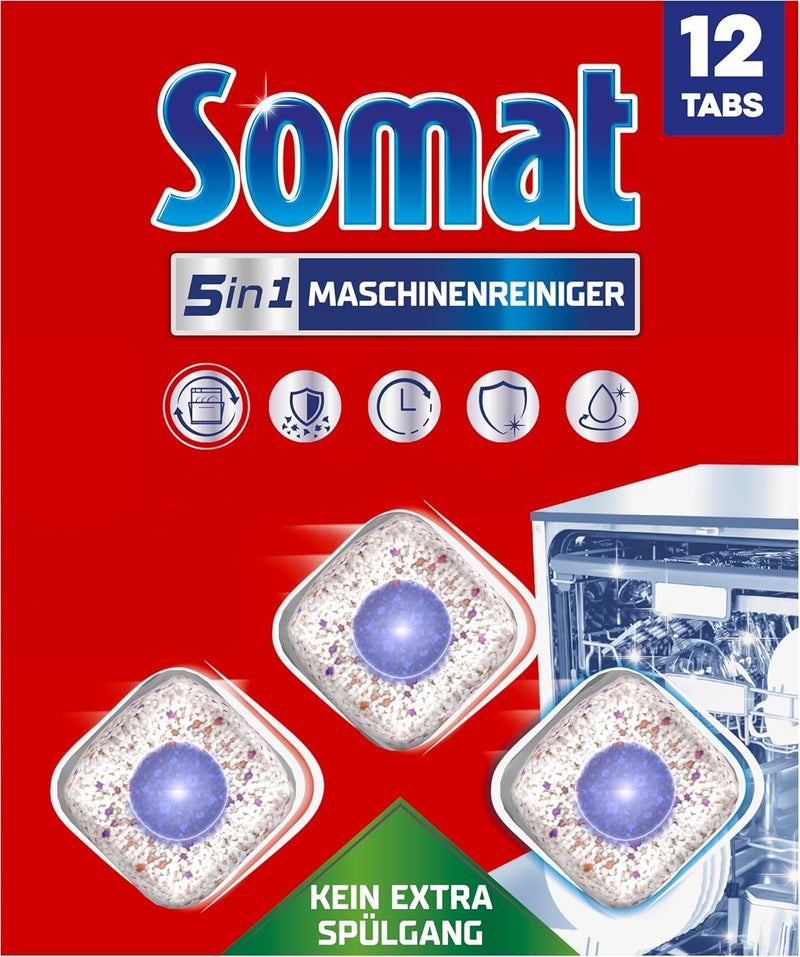 Somat 5-in-1 machine cleaner (12 WL), anti-limescale dishwasher cleaner for monthly use, cleaning tabs for the dishwasher for longer life, without extra rinse cycle - Image 1