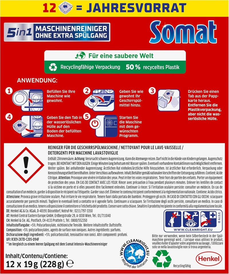 Somat 5-in-1 machine cleaner (12 WL), anti-limescale dishwasher cleaner for monthly use, cleaning tabs for the dishwasher for longer life, without extra rinse cycle - Image 3