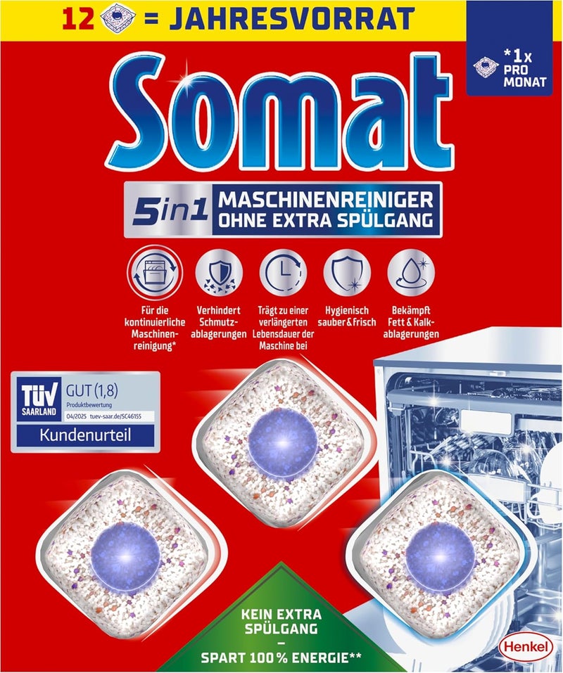 Somat 5-in-1 machine cleaner (12 WL), anti-limescale dishwasher cleaner for monthly use, cleaning tabs for the dishwasher for longer life, without extra rinse cycle - Image 2