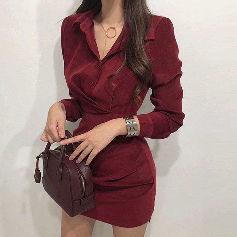 Korean Style Chic Autumn Elegant Elegant Polo Collar Pleated Design Long Sleeve Shirt dress Skirt Wine red