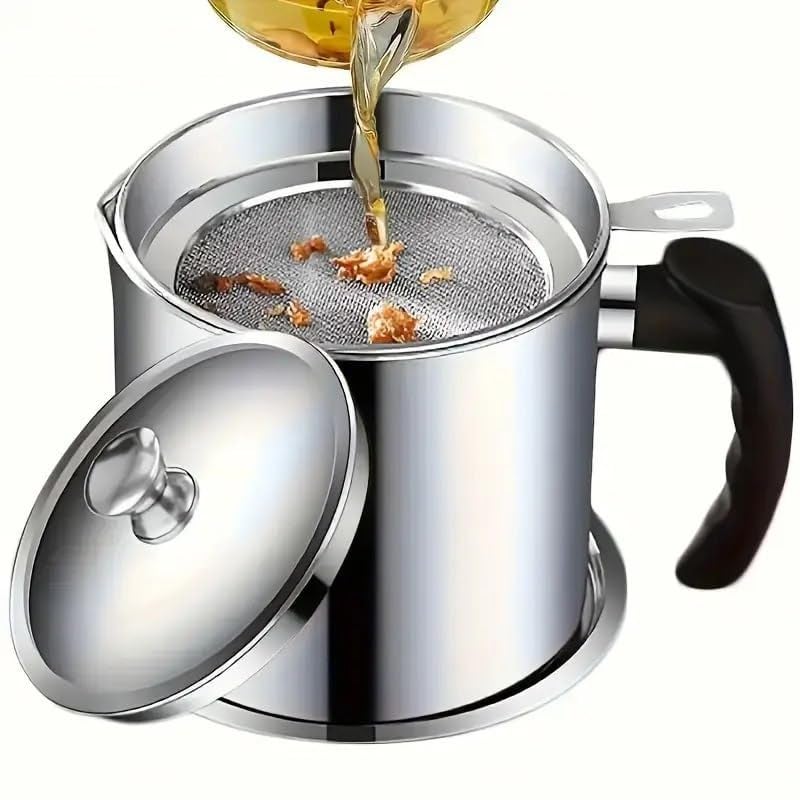 Veloxi EXIM Veloxi OIL FILTER POT Grease Can Stainless Steel Cooking Grease Container Reuse Oil Storage Best Oil Shaver Can Container with Removable Filter AntiScalding Handheld Lid for Cooking - Image 1