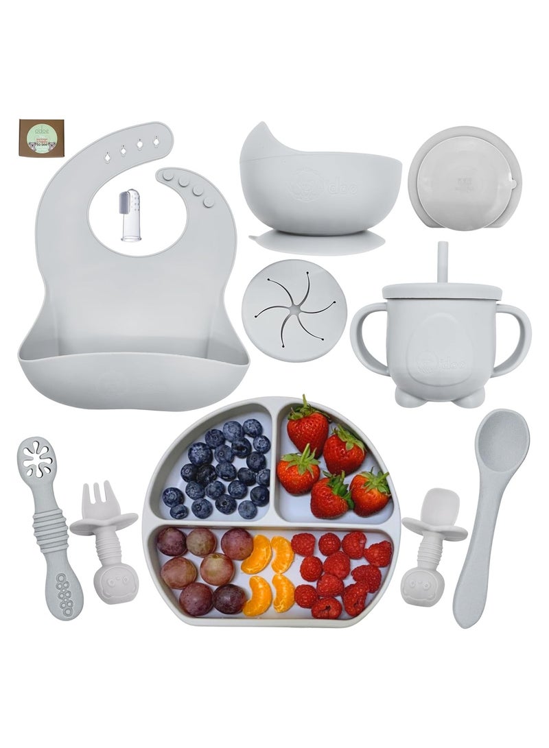 مجموعة إطعام الأطفال المصنوعة من السيليكون مكونة من 15 قطعة، مجموعة أدوات تناول الطعام الذاتية من السيليكون مع ملاعق ومرايل ومجموعة ملاعق للأطفال الصغار ومجموعة أطباق