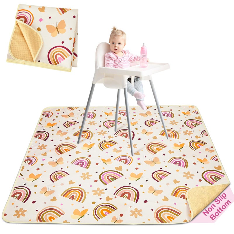 Basumee Splat Mat High Chair Mat Waterproof Baby Play Splat Mat for Under High Chair Food Catcher Highchair Mat for Floor Non Slip Bottom, Brown Rainbow, 46x42 Inches - Image 1