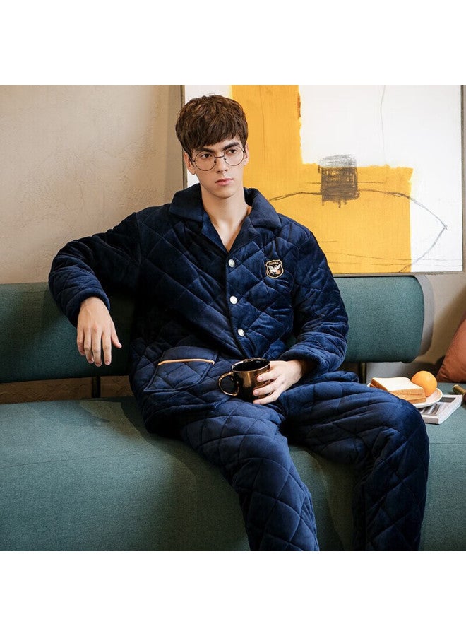 Fenton Men'S Three-Layer Thickened Coral Fleece Pajamas Set Autumn And Winter Men'S Plush Flannel Home Service Suit - Image 2