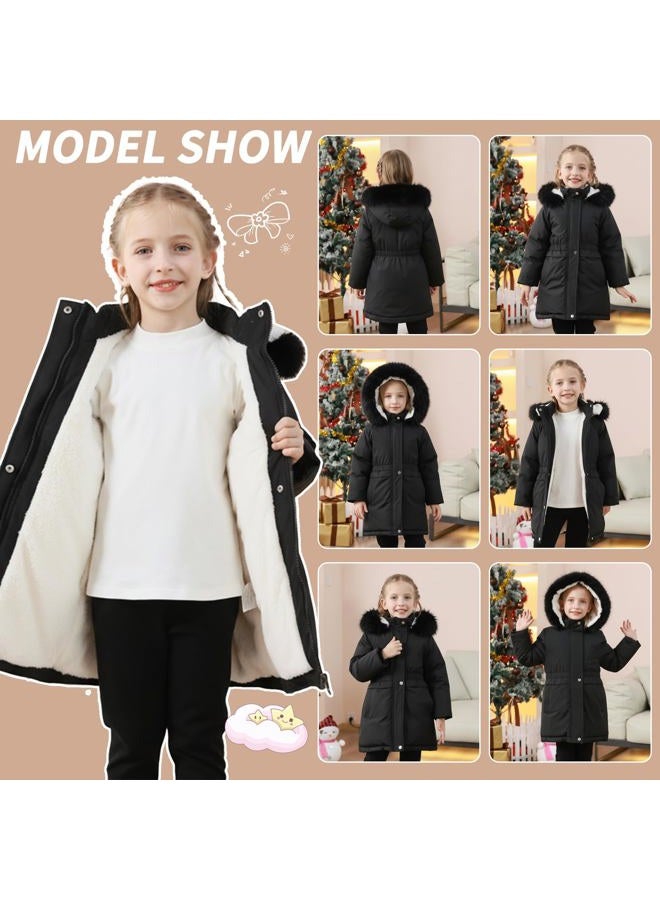 AiWMGL Toddler Girls Winter Coat Kids Puffer Parka Jacket Thick Warm Waterproof Outwear Overcoat fur Hooded, Black, 7-8 years - Image 2